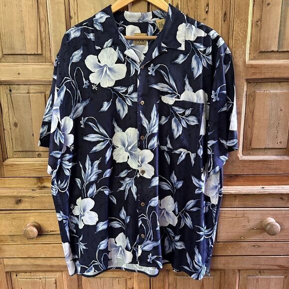 Jos. A. Bank XL Navy Blue Hawaiian Short Sleeve Button Front Shirt Tropical Silk - Picture 1 of 12